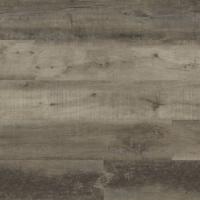 Close-up of MSI Cyrus Wolfeboro Luxury Vinyl Planks (23.77 SQFT), showcasing rustic greige-gray tones, natural wood grain and knots, plus a textured, weathered look—all enhanced by a durable, waterproof SPC core.